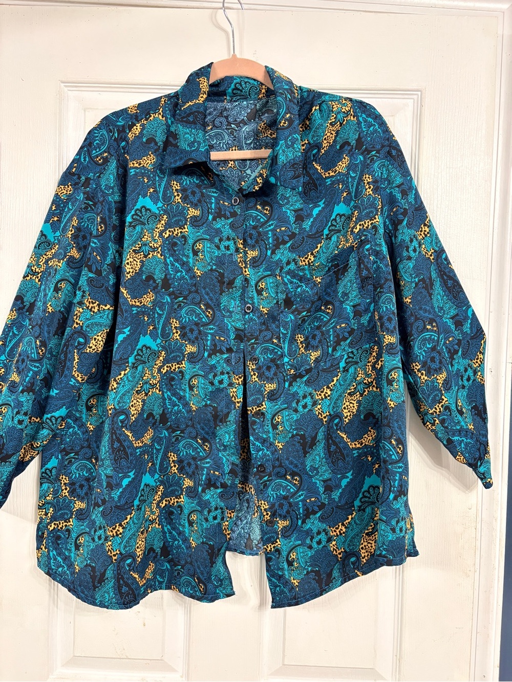 SHEIN Teal & Gold Paisley Button-Up Blouse